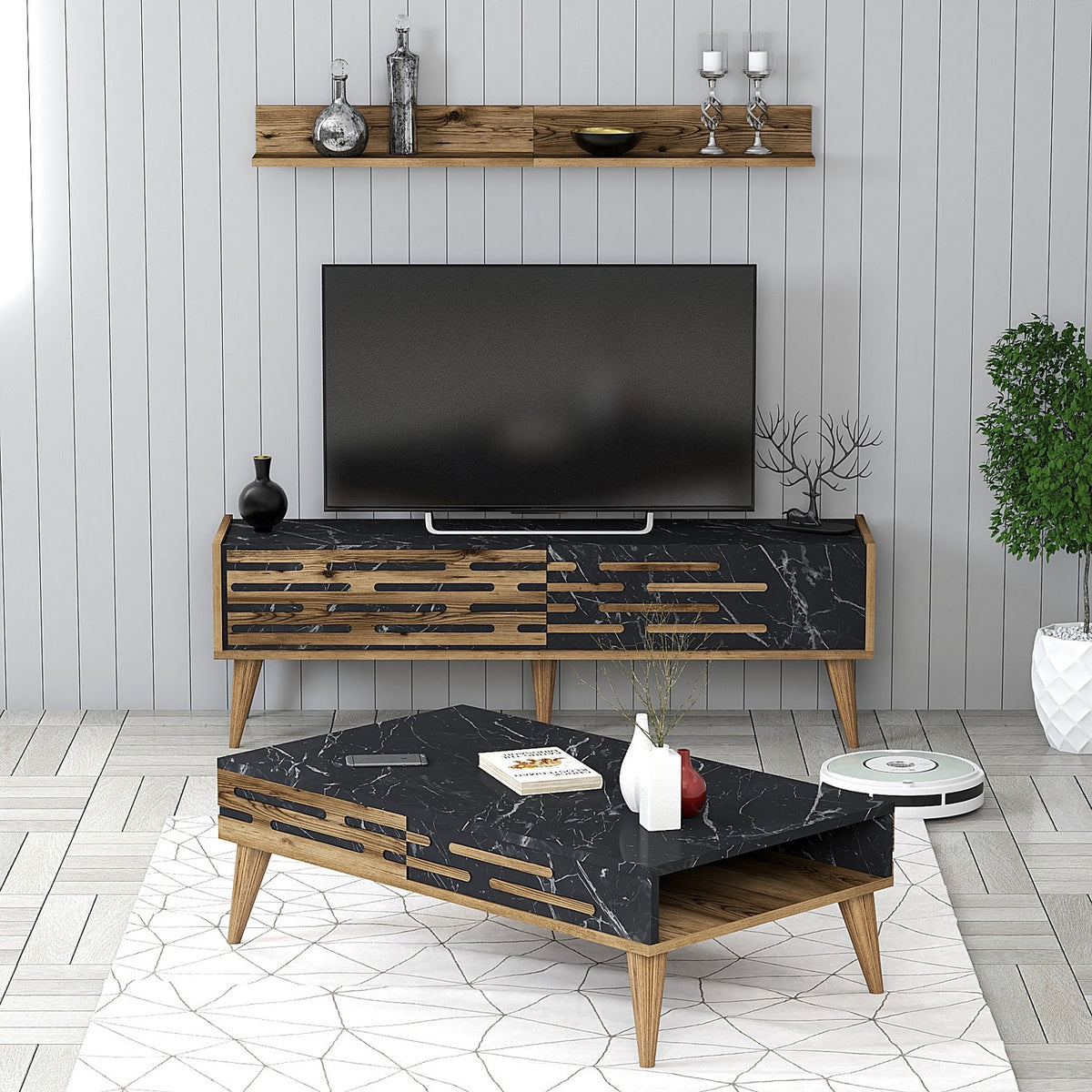 Σετ Σαλονιού Profitis Καρυδί - Μαύρο Μάρμαρο 140x45x35 εκ. Μελαμίνης