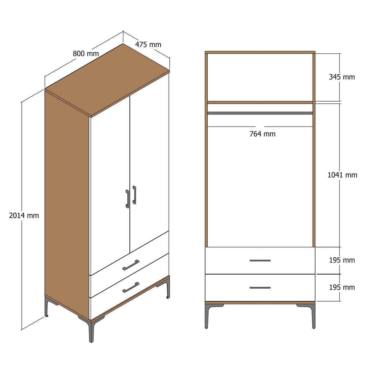 Ντουλάπα Platania Καρυδί - Λευκό 80x47.5x201.4 εκ. Μελαμίνης