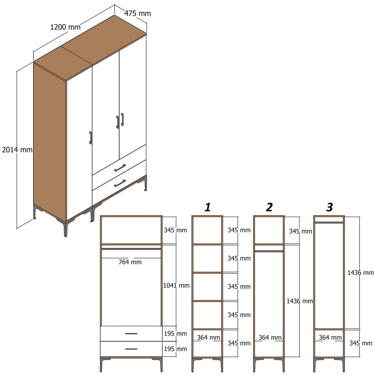 Ντουλάπα Kypseli Καρυδί - Ανθρακί 120x47.5x201.4 εκ. Μελαμίνης