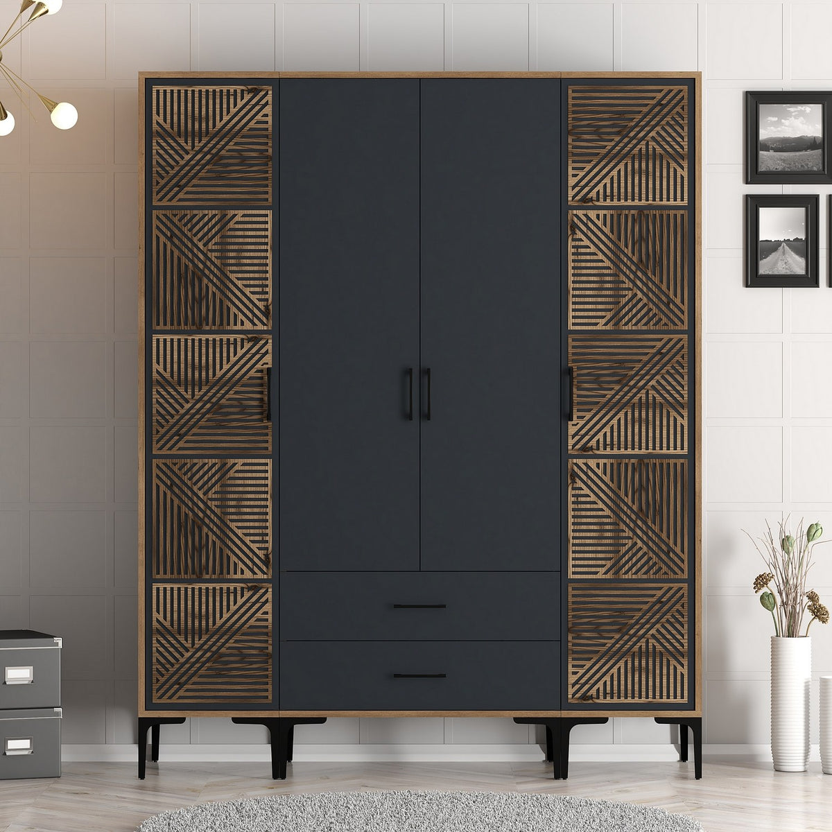 Ντουλάπα Palioura Καρυδί - Ανθρακί 160x47.5x201.4 εκ. Μελαμίνης - Pakobazaar