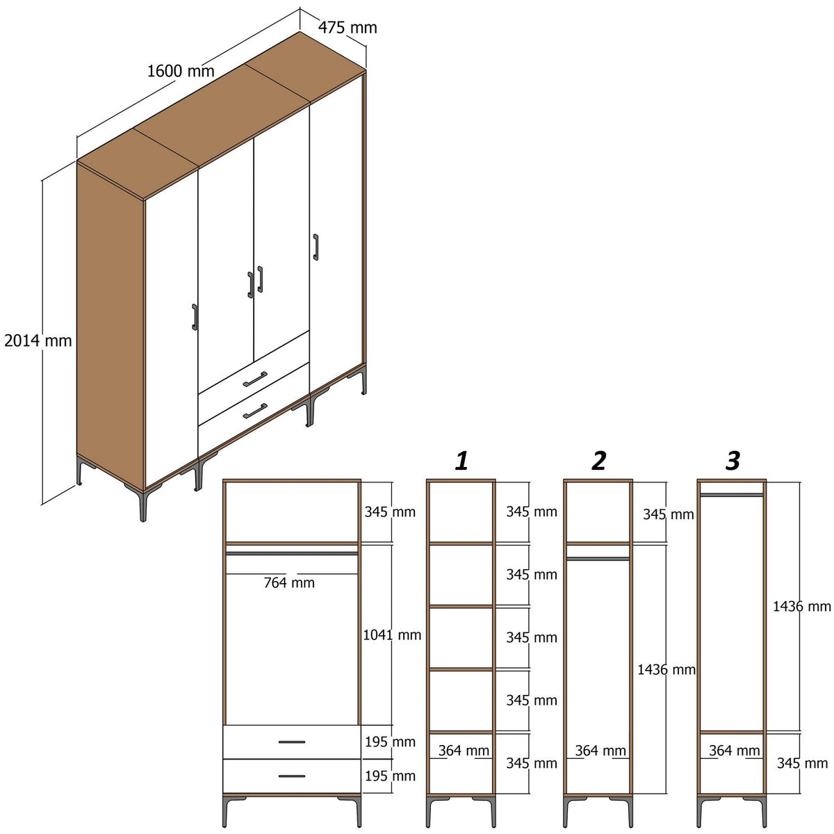 Ντουλάπα Ormylia Καρυδί - Λευκό 160x47.5x201.4 εκ. Μελαμίνης