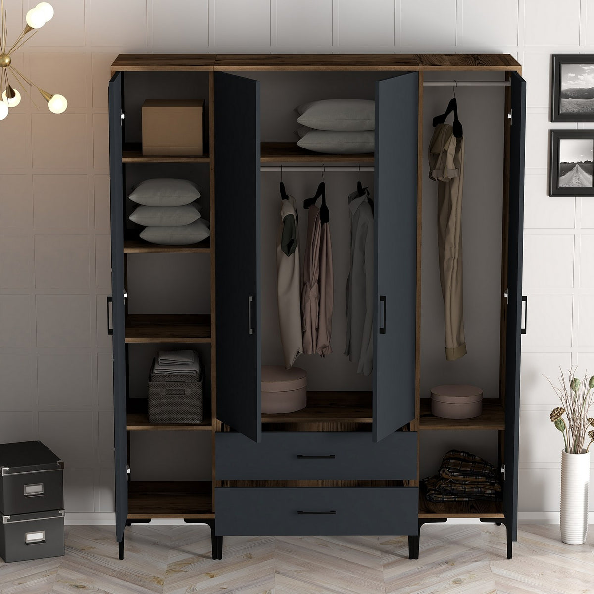Ντουλάπα Orestio Καρυδί - Ανθρακί 160x47.5x201.4 εκ. Μελαμίνης - Pakobazaar