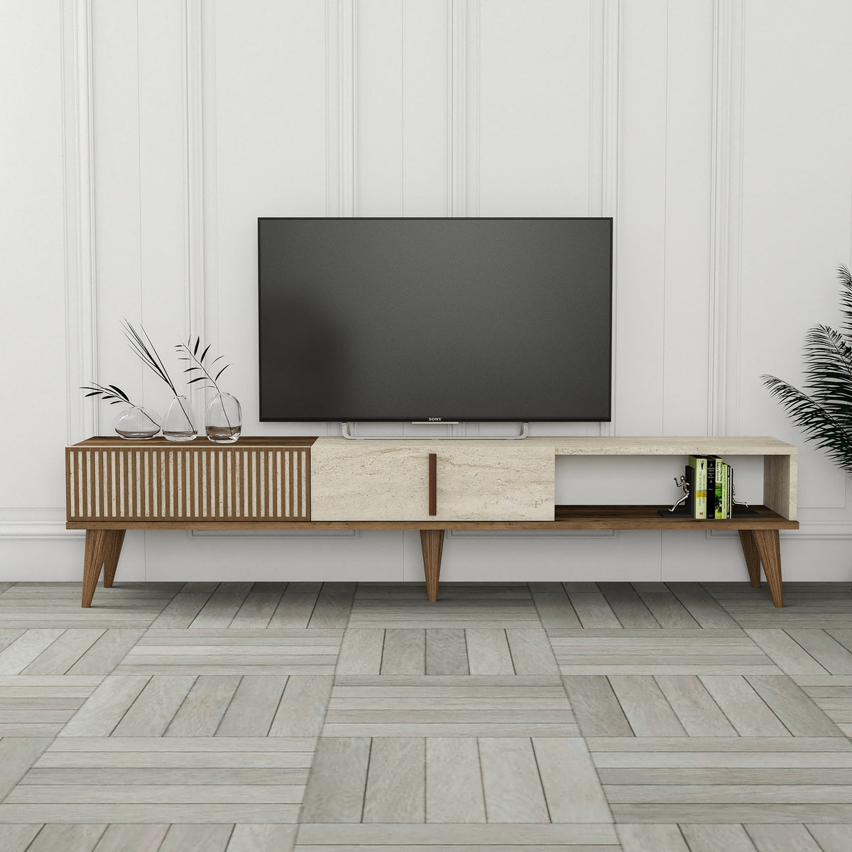 Έπιπλο Τηλεόρασης Plastira Με Ράφια Καρυδί - Travertine 180x35x40 εκ. Μελαμίνης
