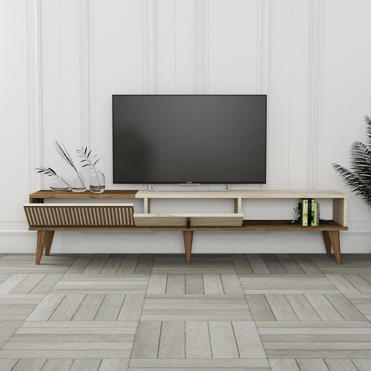 Έπιπλο Τηλεόρασης Plastira Με Ράφια Καρυδί - Travertine 180x35x40 εκ. Μελαμίνης