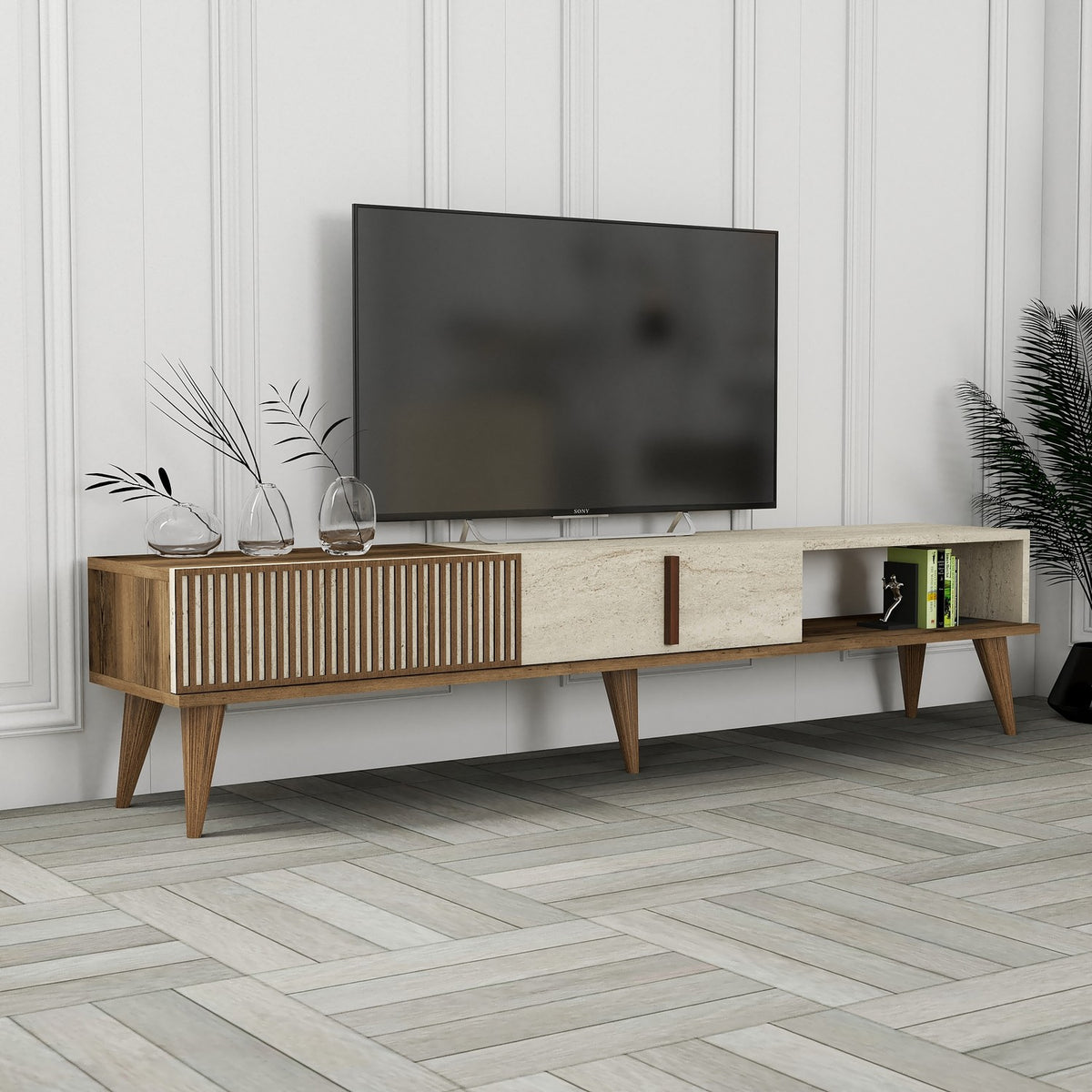 Έπιπλο Τηλεόρασης Plastira Με Ράφια Καρυδί - Travertine 180x35x40 εκ. Μελαμίνης