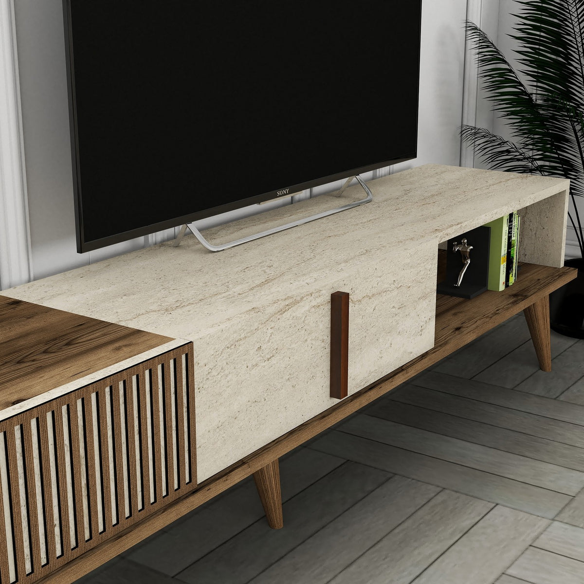Έπιπλο Τηλεόρασης Plastira Με Ράφια Καρυδί - Travertine 180x35x40 εκ. Μελαμίνης