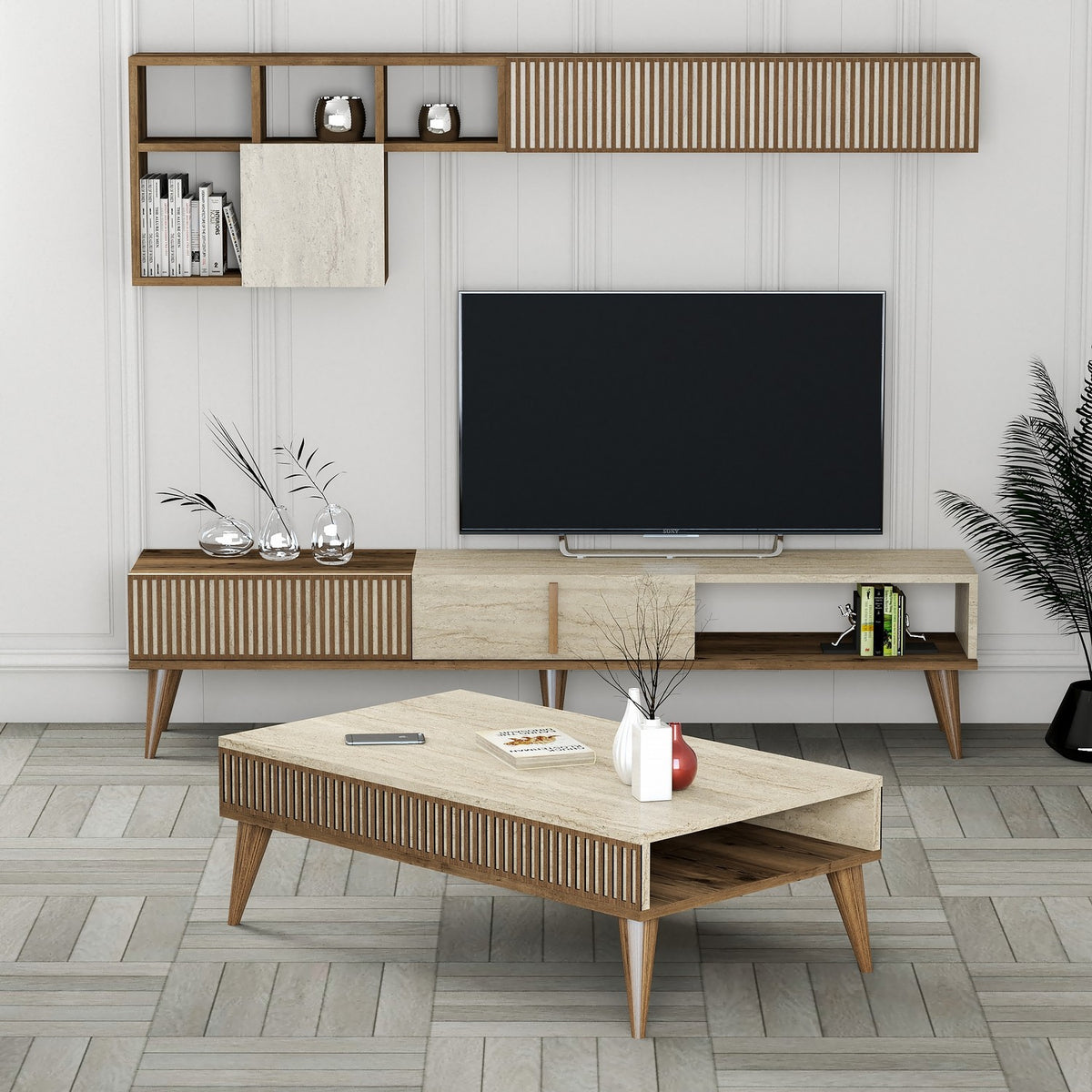Σετ Σαλονιού Plastira Με Ράφια Καρυδί - Travertine 180x35x40 εκ. Μελαμίνης
