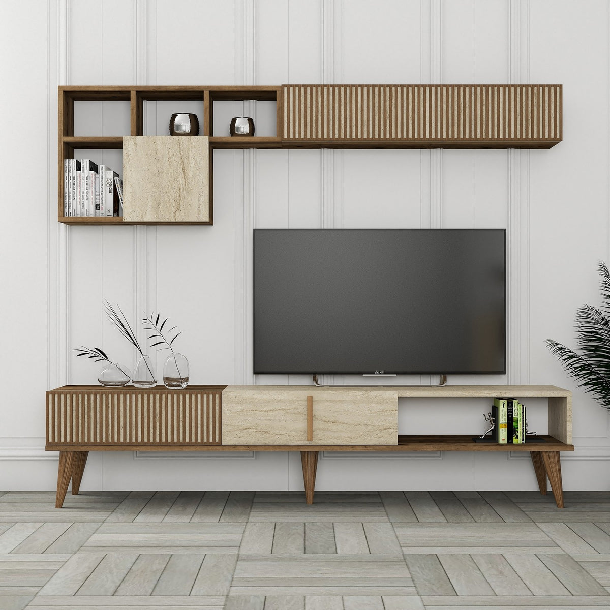 Σετ Σαλονιού Plastira Με Ράφια Καρυδί - Travertine 180x35x40 εκ. Μελαμίνης