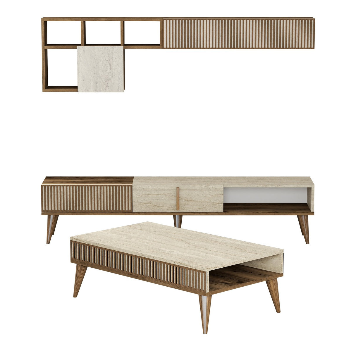 Σετ Σαλονιού Plastira Με Ράφια Καρυδί - Travertine 180x35x40 εκ. Μελαμίνης