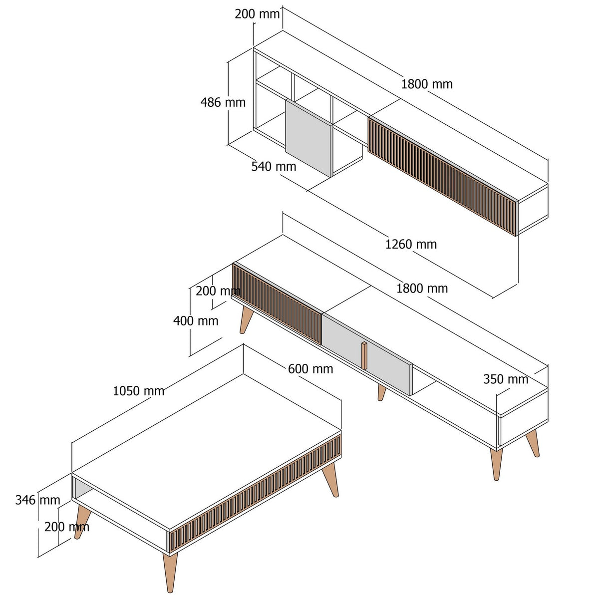 Σετ Σαλονιού Plastira Με Ράφια Καρυδί - Travertine 180x35x40 εκ. Μελαμίνης