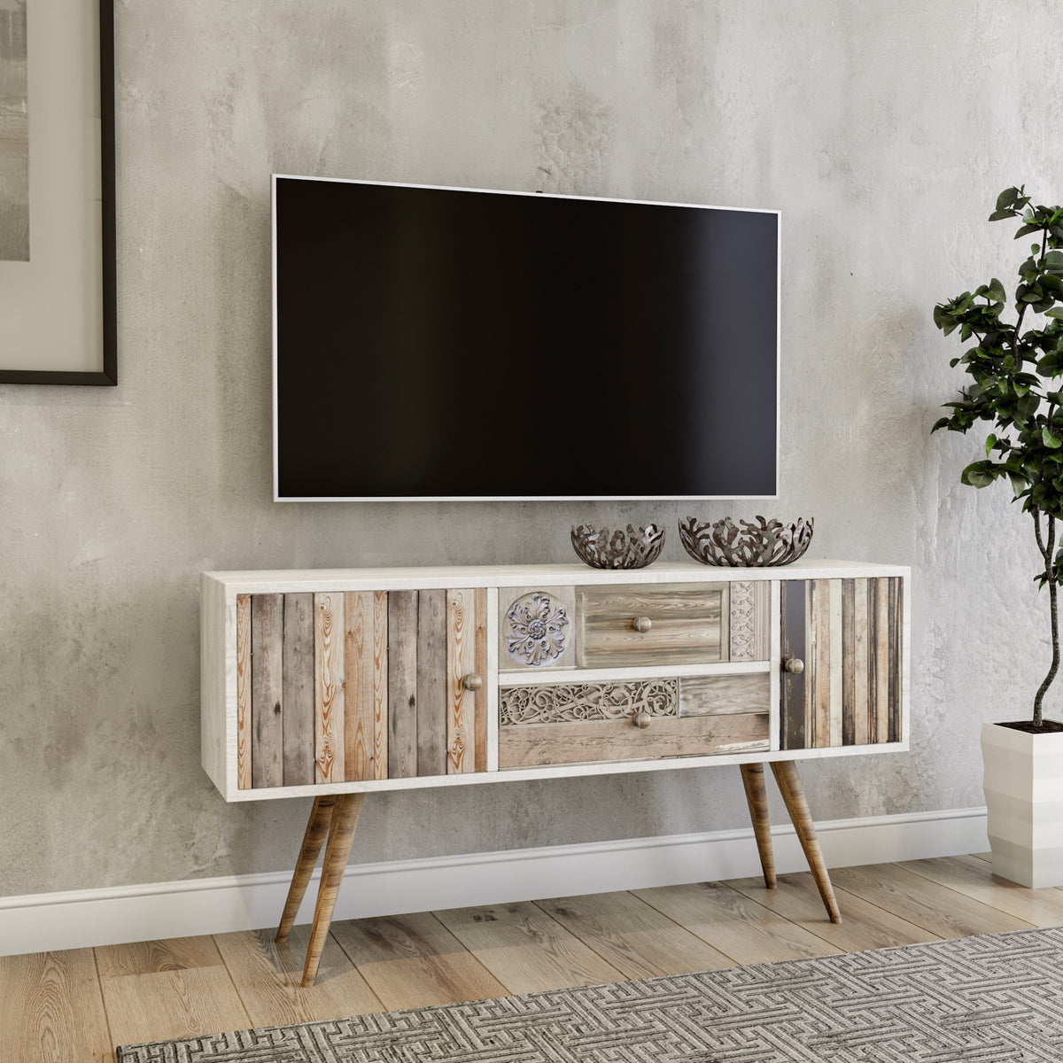 Έπιπλο Τηλεόρασης Amoopi Λευκό - Καρυδί 122x35x65 εκ. Μελαμίνης