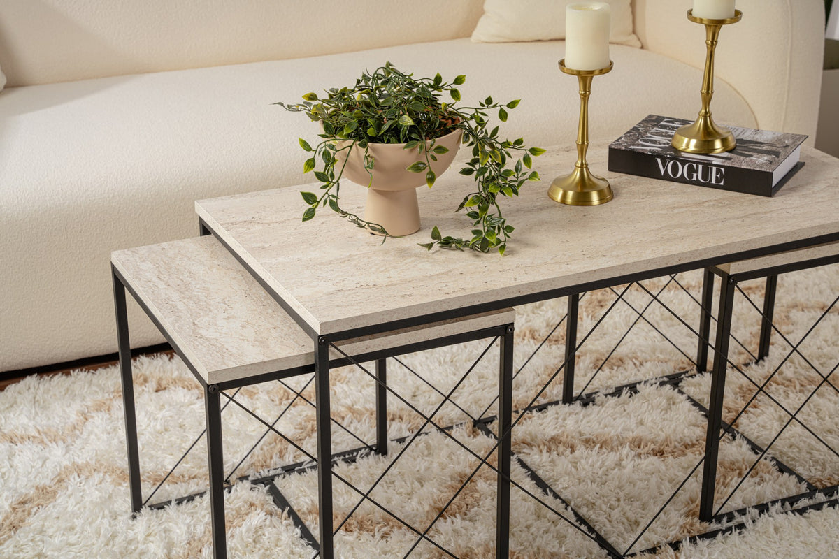 Τραπεζάκια Σαλονιού Σετ 2τμχ Tarabados Μαύρο - Travertine 100x50x52 εκ. Μελαμίνης - Pakobazaar