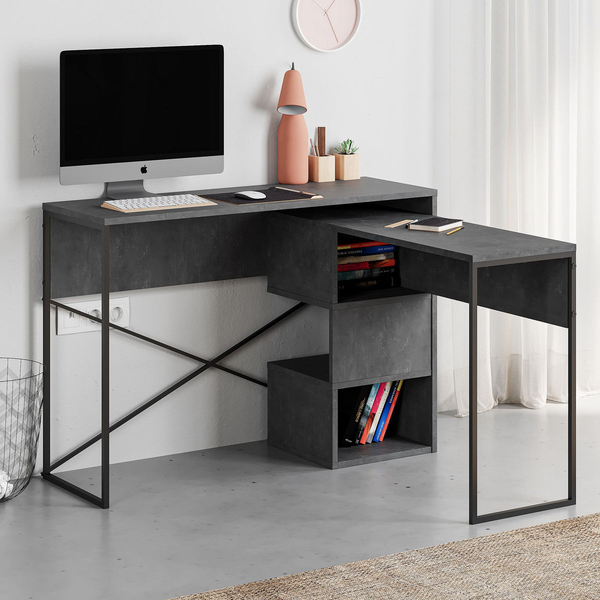 Γραφείο Manassis Με Ράφια Γκρι Retro 110x102.5x77 εκ. Μελαμίνης