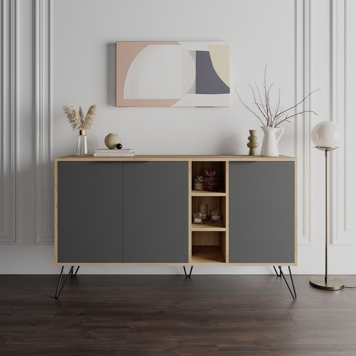 Κονσόλα Kea Με Ράφια Δρυς - Ανθρακί 142x35.6x83 εκ. Μελαμίνης
