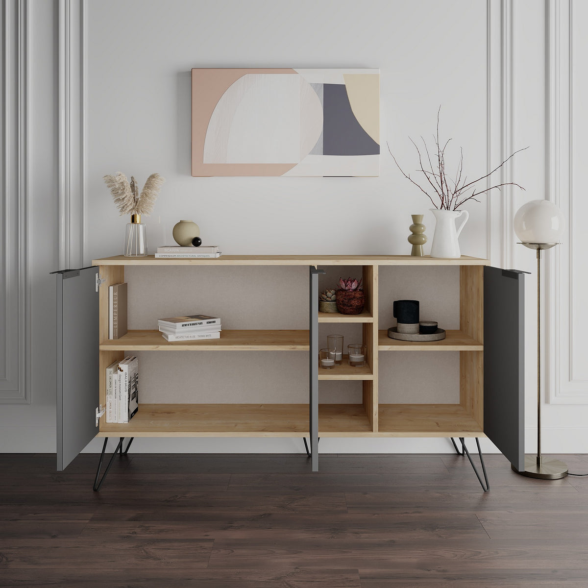 Κονσόλα Kea Με Ράφια Δρυς - Ανθρακί 142x35.6x83 εκ. Μελαμίνης