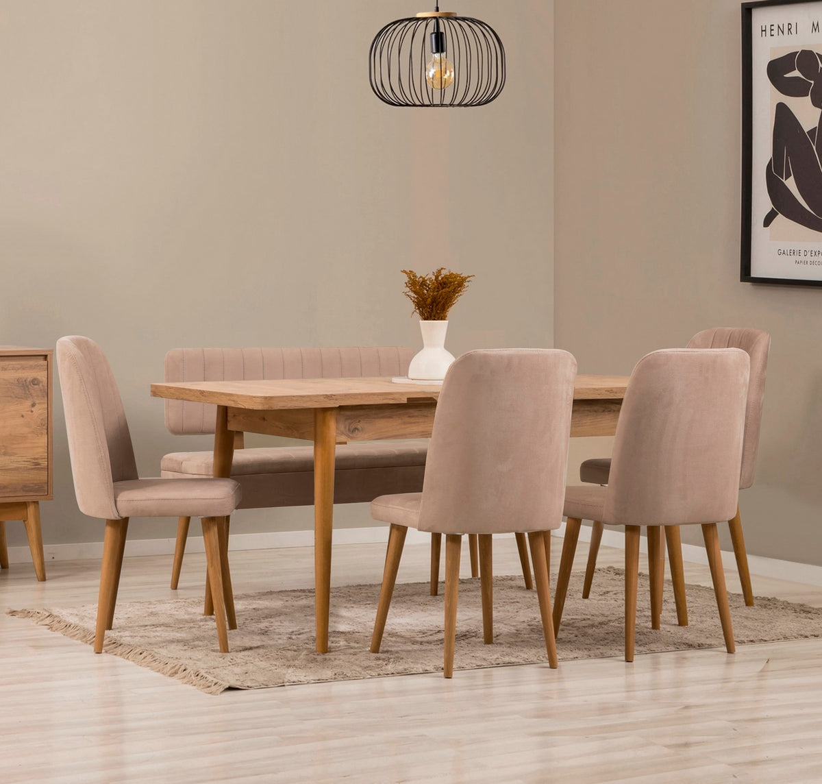 Σετ Τραπεζαρίας Επεκτεινόμενο 6τμχ Strongyli Ατλαντικό Πεύκο - Πέτρινο 130x80x76 εκ. Μελαμίνης