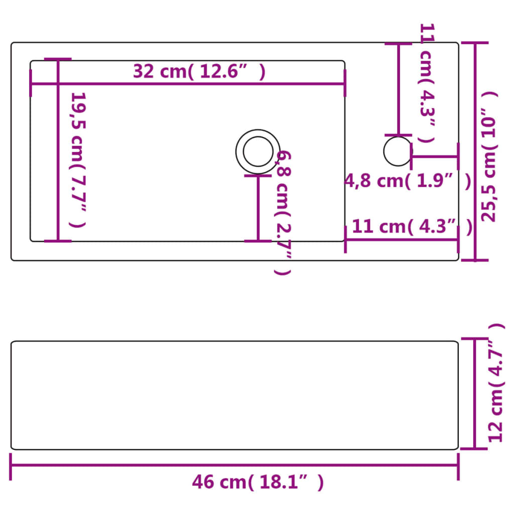 Νιπτήρας Ορθογώνιος Οπή Βρύσης Λευκός 46x25,5x12 εκ. Κεραμικός - PAKOBAZAAR