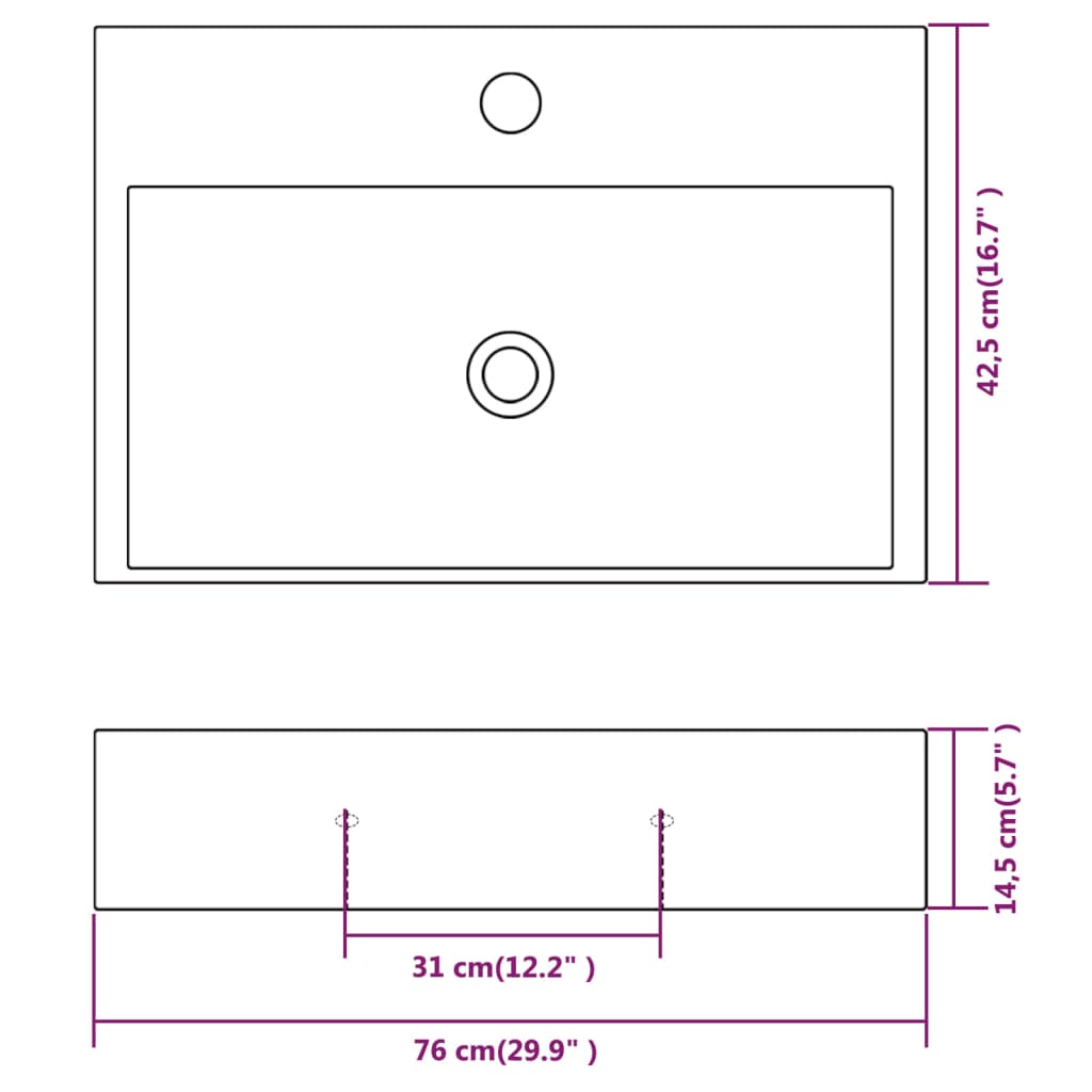 Νιπτήρας με Οπή Βρύσης Λευκός 76 x 42,5 x 14,5 εκ. Κεραμικός - PAKOBAZAAR