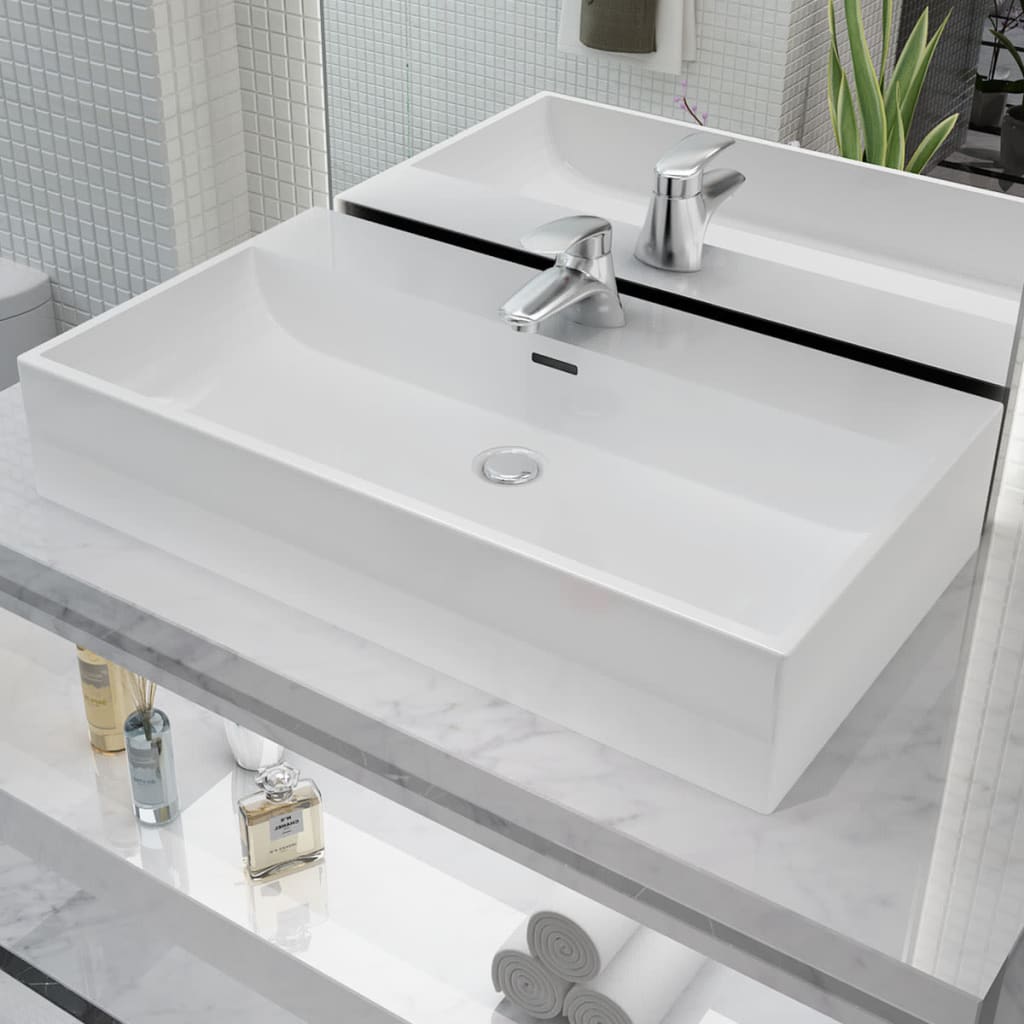 Νιπτήρας με Οπή Βρύσης Λευκός 76 x 42,5 x 14,5 εκ. Κεραμικός - PAKOBAZAAR
