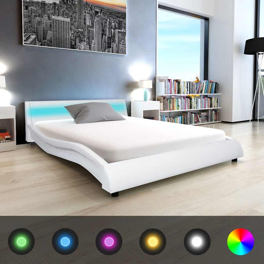 Κρεβάτι LED Λευκό 140x200 εκ. Δερματίνη με Στρώμα Αφρού Μνήμης