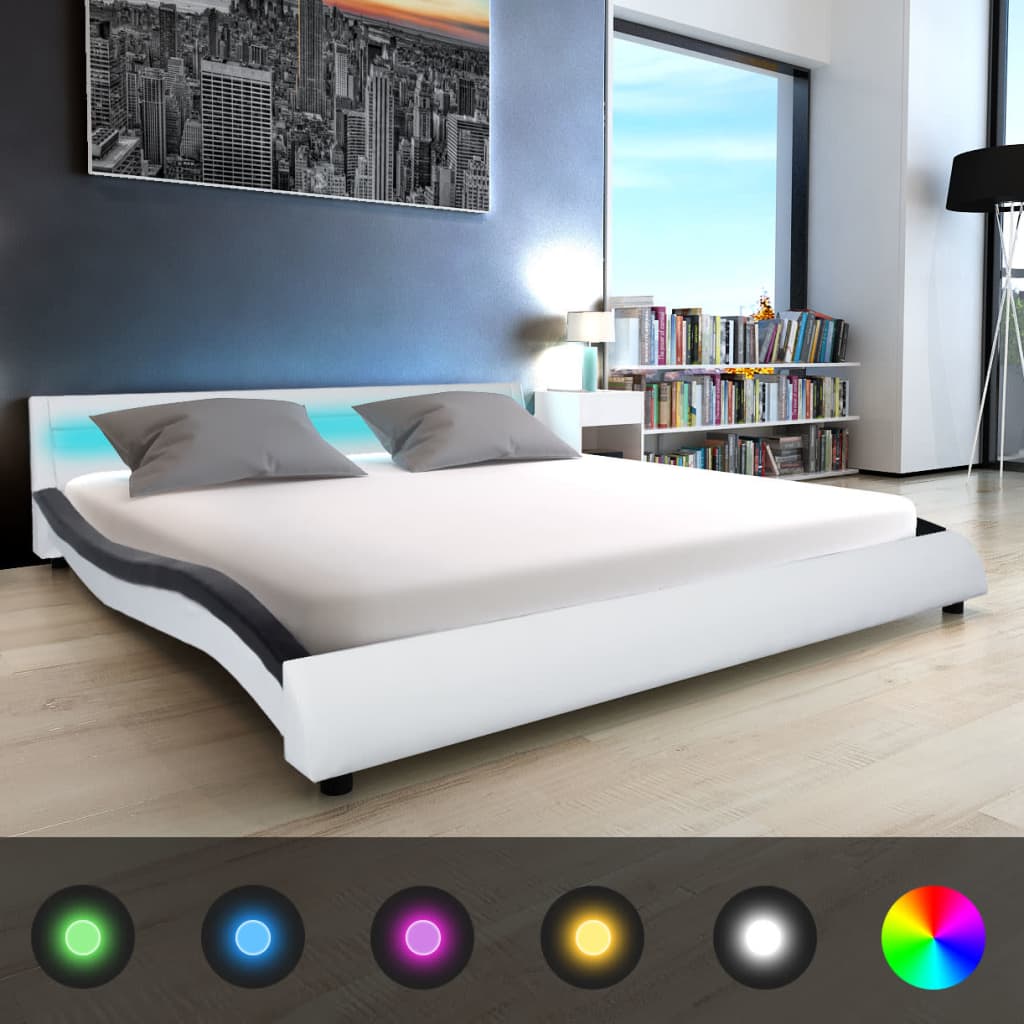 Κρεβάτι με LED Ασπρόμαυρο 180x200 εκ. Συνθετικό Δέρμα με Στρώμα