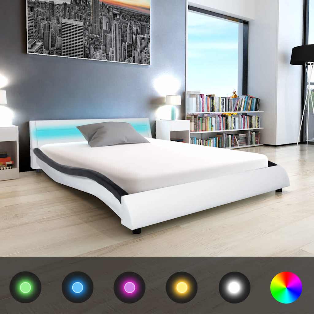 Κρεβάτι με LED Ασπρόμαυρο 140x200 εκ. από Δερματίνη με Στρώμα