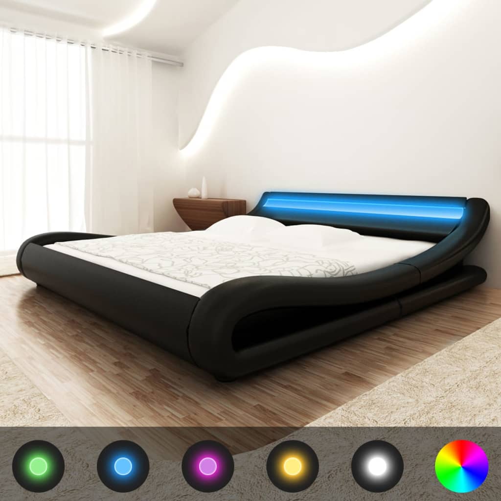 Κρεβάτι με LED Μαύρο 180x200 εκ. από Συνθετικό Δέρμα με Στρώμα