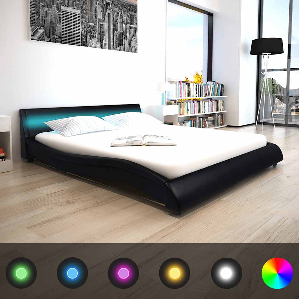 Κρεβάτι LED Μαύρο 160x200 εκ. Δερματίνη με Στρώμα Αφρού Μνήμης - Pakobazaar