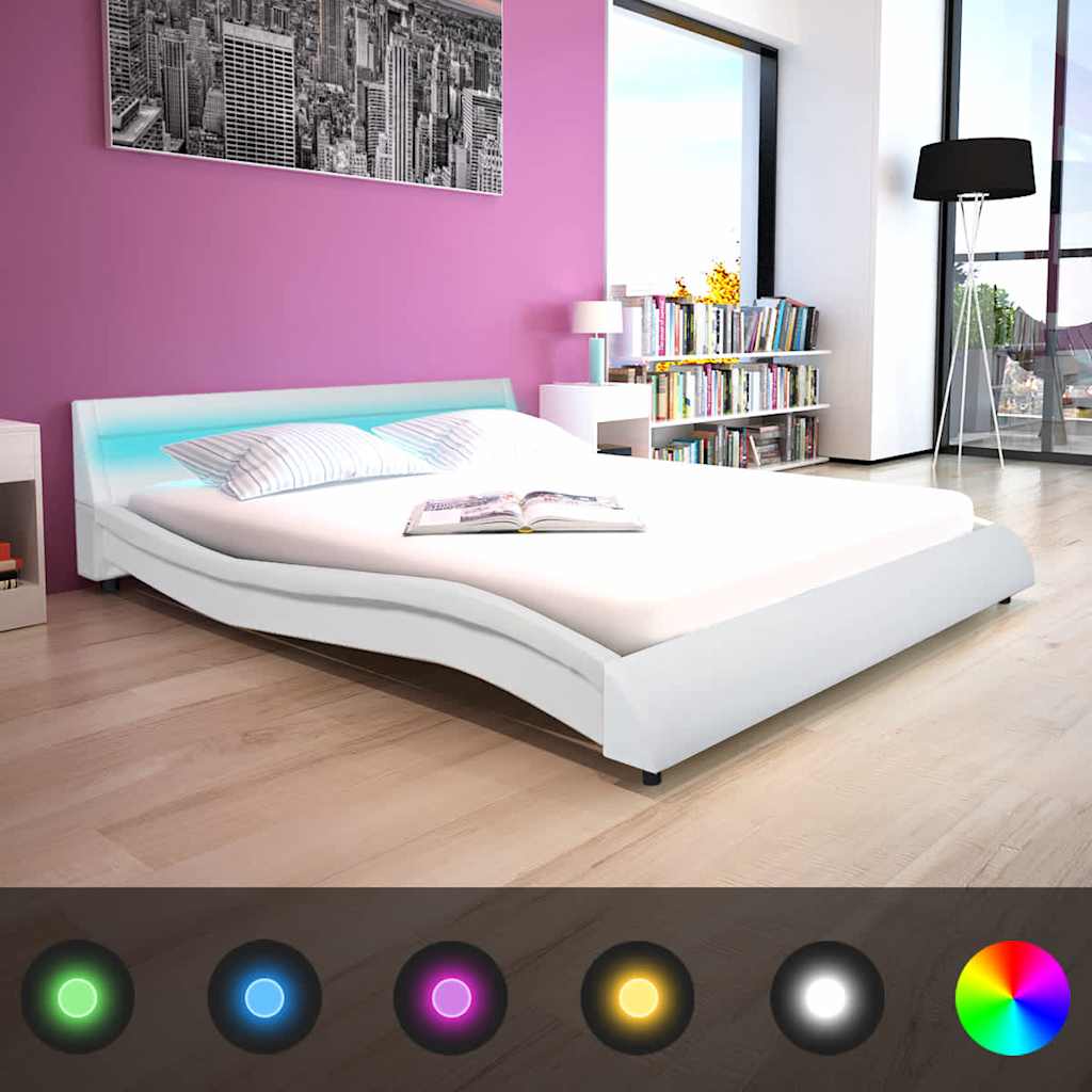 Κρεβάτι LED Λευκό 160 x 200 εκ. από Συνθετικό Δέρμα με Στρώμα