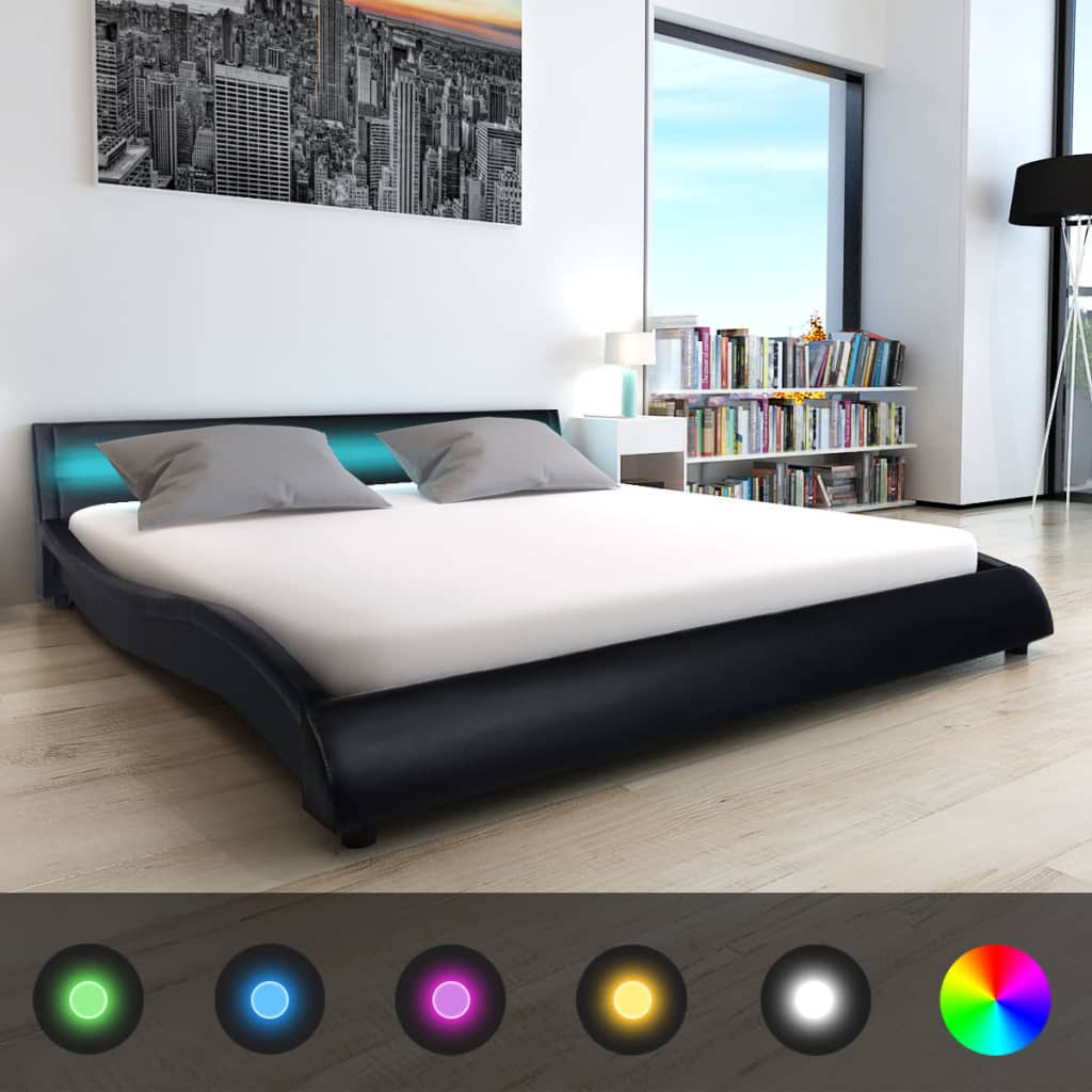 Κρεβάτι LED Μαύρο 180 x 200 εκ. από Συνθετικό Δέρμα με Στρώμα