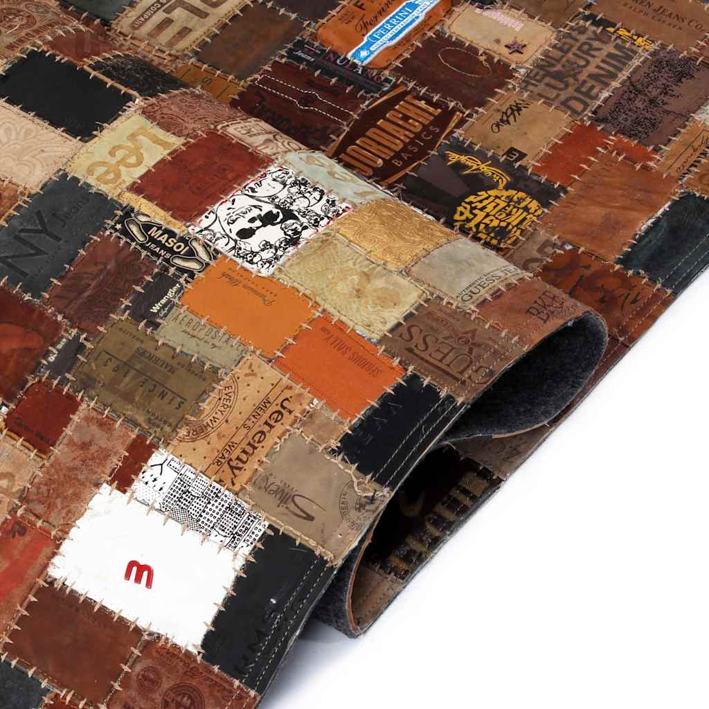 Χαλί Patchwork από Ετικέτες Τζιν Καφέ 120x170 εκ. Γνήσιο Δέρμα