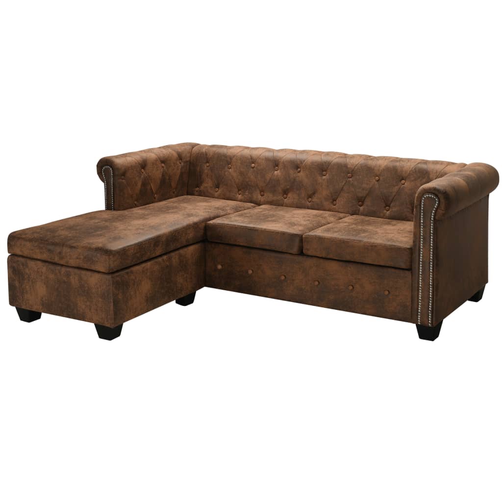 Καναπές Chesterfield Γωνιακός Καφέ από Συνθετικό Καστόρι - Pakobazaar