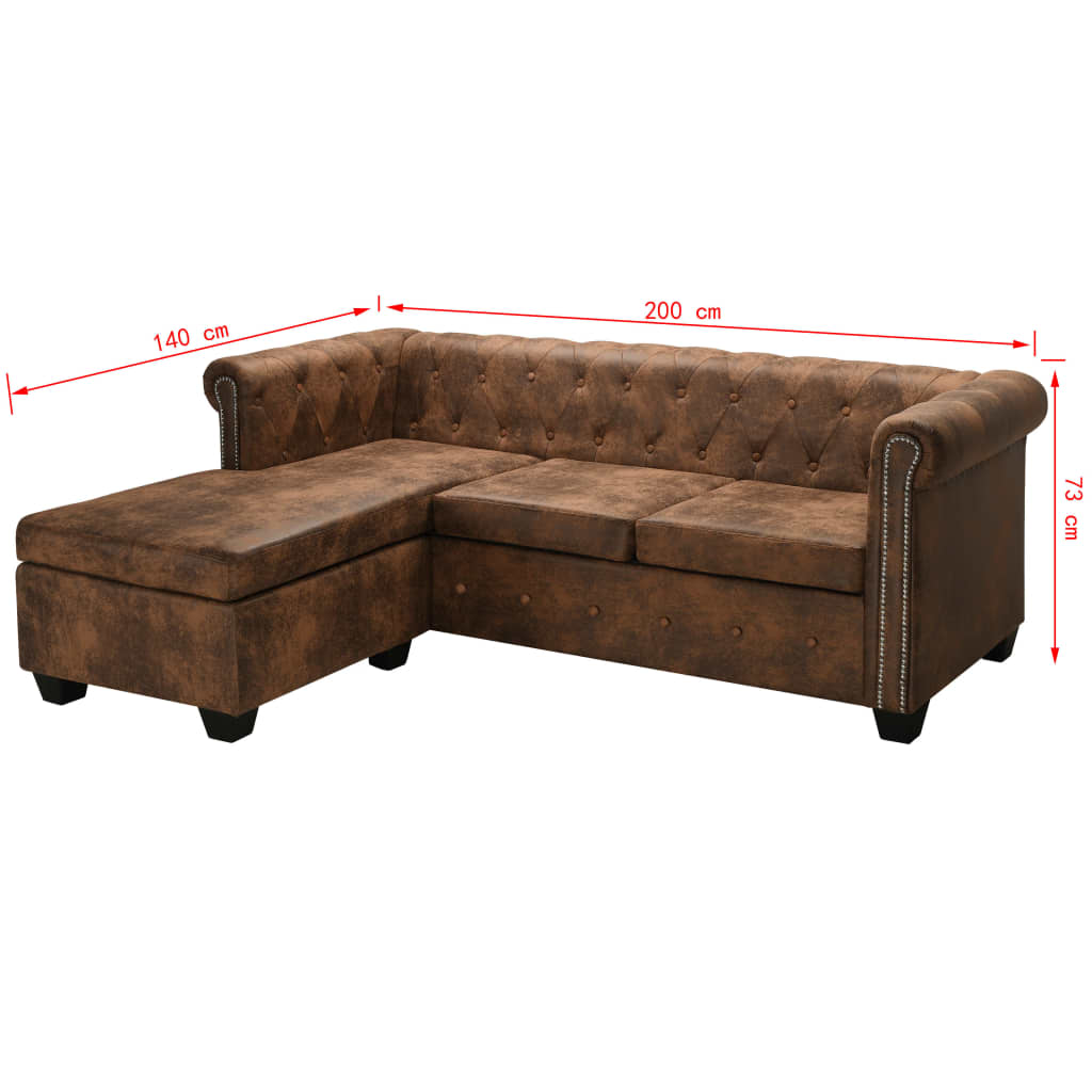 Καναπές Chesterfield Γωνιακός Καφέ από Συνθετικό Καστόρι - Pakobazaar