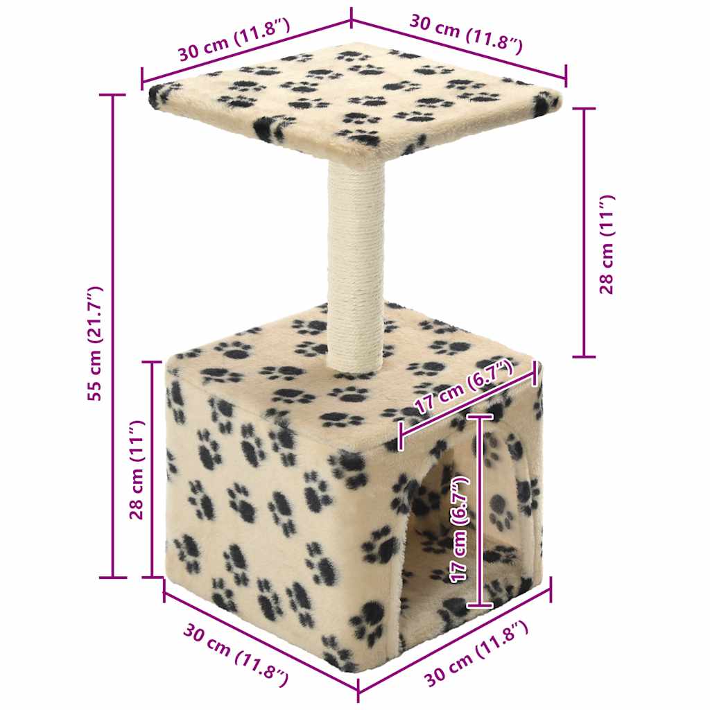 Γατόδεντρο Τύπωμα Πατούσας Μπεζ 55 εκ. με Στύλο από Σιζάλ - PAKOBAZAAR