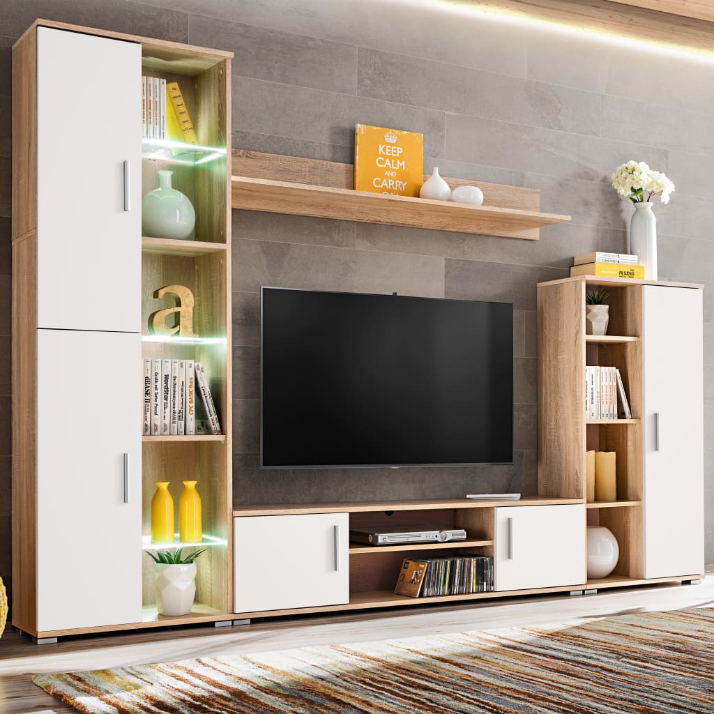 Σύνθετο Τηλεόρασης σε Χρώμα Sonoma Δρυς/Λευκό με Φωτισμό LED - PAKOBAZAAR