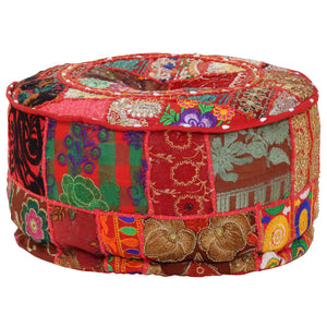 Πουφ Patchwork Στρογγυλό Χειροποίητο Κόκκινο 40x20 εκ. Βαμβάκι - PAKOBAZAAR