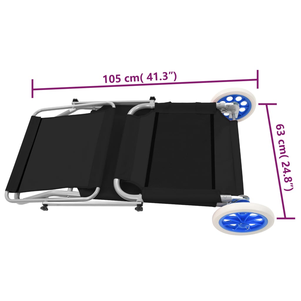 Ξαπλώστρα Πτυσσόμενη Χρώμα Μαύρη Αλουμινίου με Σκίαστρο + Ρόδες - Pakobazaar