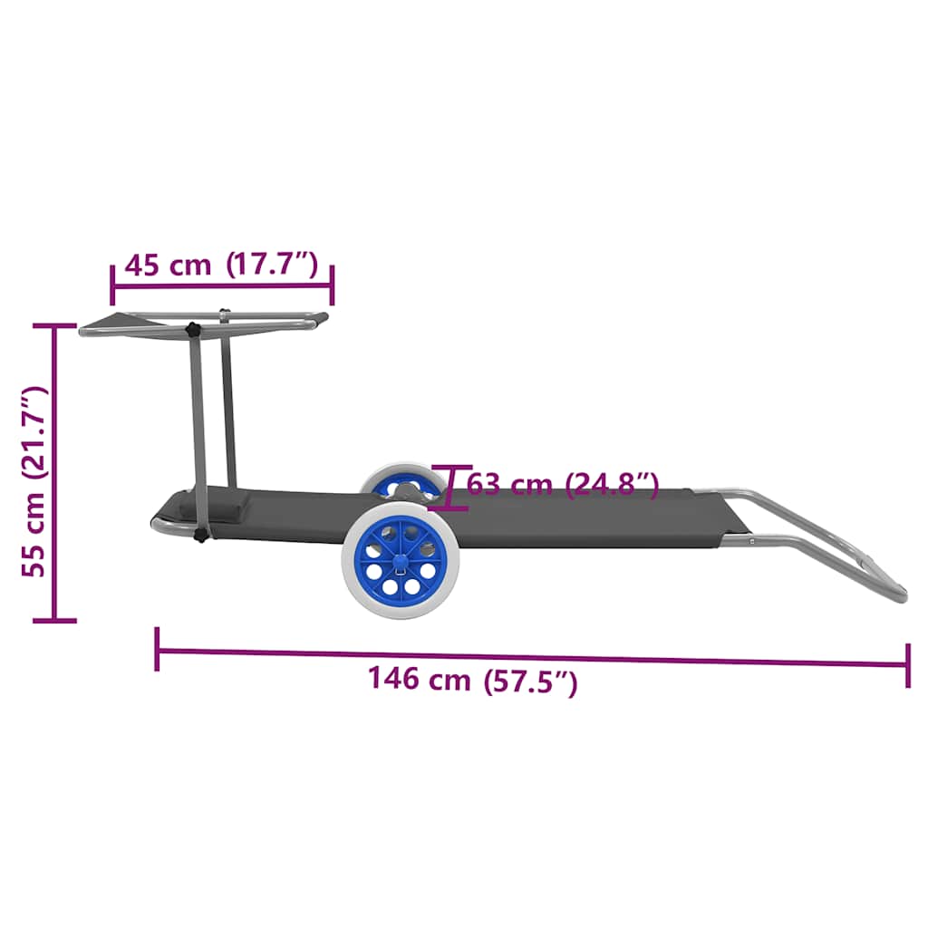Ξαπλώστρα Πτυσσόμενη Χρώμα Γκρι Αλουμινίου με Σκίαστρο + Ρόδες - Pakobazaar