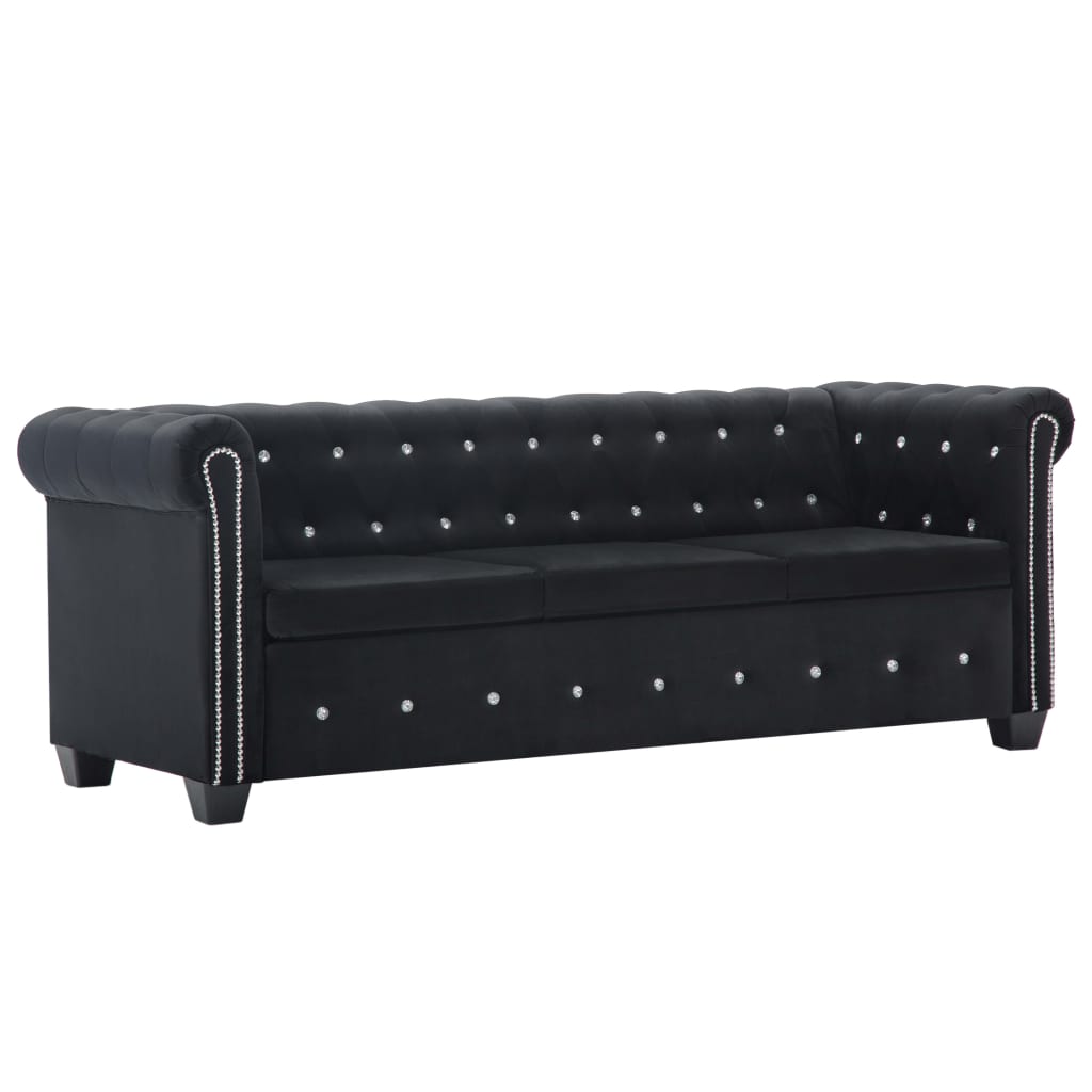 Καναπές Τριθέσιος Chesterfield Μαύρος 199 x 75 x 72 εκ. Βελούδο - Pakobazaar