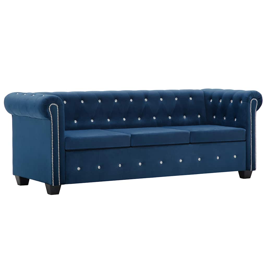 Καναπές Τριθέσιος Chesterfield Μπλε 199 x 75 x 72 εκ. Βελούδο - Pakobazaar