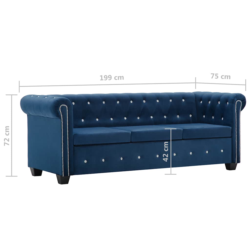 Καναπές Τριθέσιος Chesterfield Μπλε 199 x 75 x 72 εκ. Βελούδο - Pakobazaar