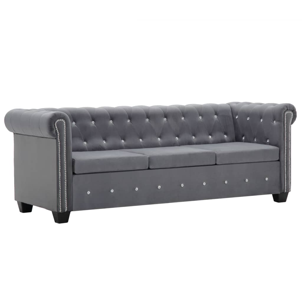 Καναπές Τριθέσιος Chesterfield Γκρι 199 x 75 x 72 εκ. Βελούδο - Pakobazaar