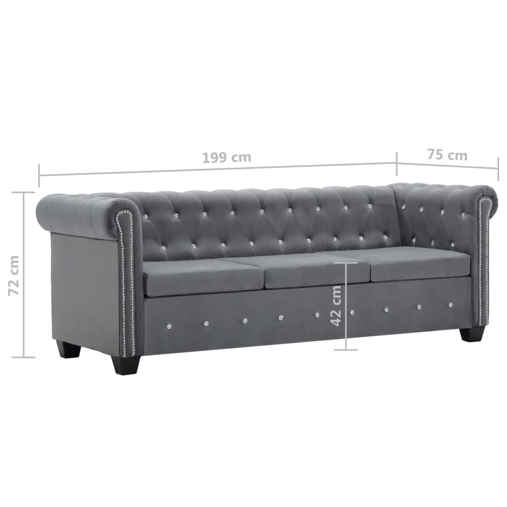 Καναπές Τριθέσιος Chesterfield Γκρι 199 x 75 x 72 εκ. Βελούδο - Pakobazaar