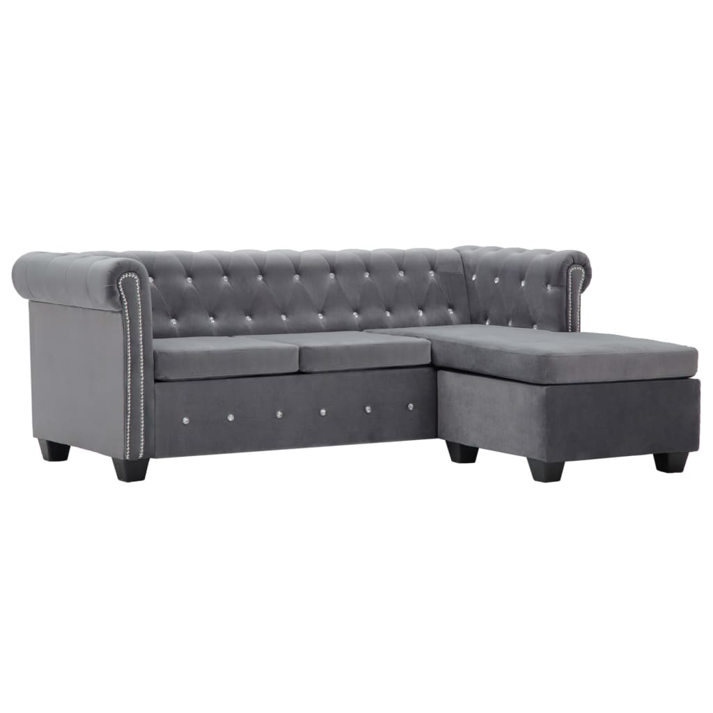 Καναπές Γωνιακός Chesterfield Γκρι 199x142x72 εκ. Βελούδινος - Pakobazaar