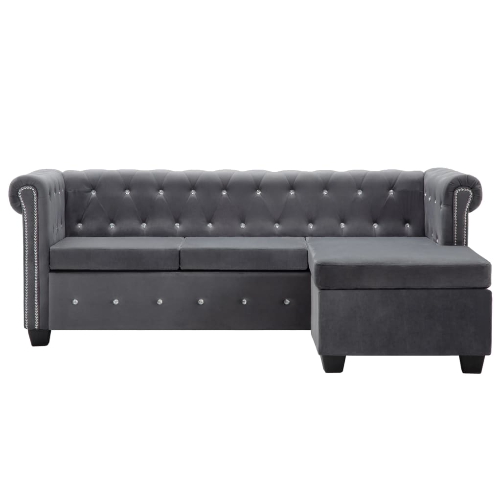 Καναπές Γωνιακός Chesterfield Γκρι 199x142x72 εκ. Βελούδινος - Pakobazaar