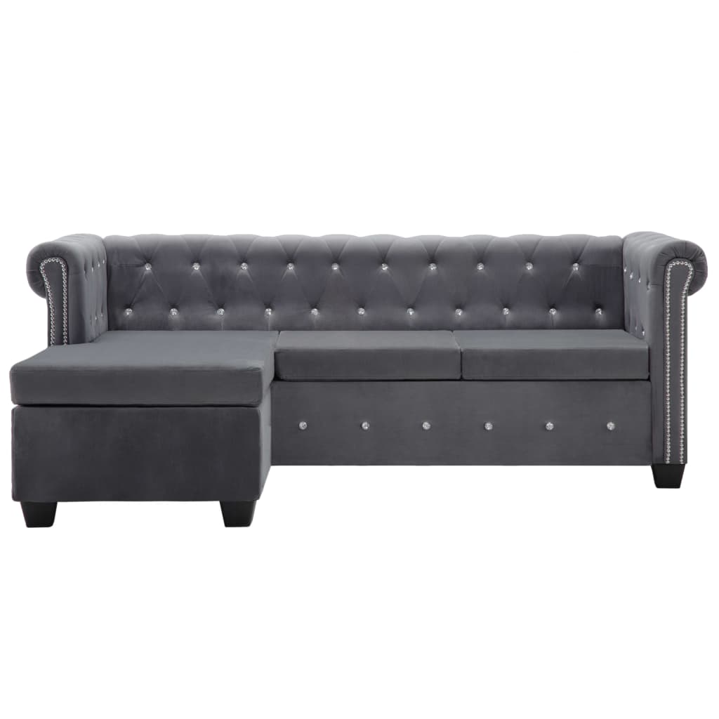 Καναπές Γωνιακός Chesterfield Γκρι 199x142x72 εκ. Βελούδινος - Pakobazaar