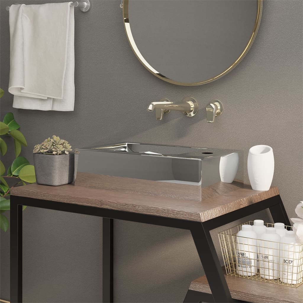 Νιπτήρας με Οπή Υπερχείλισης Ασημί 49x25x15 εκ. Κεραμικός - Pakobazaar
