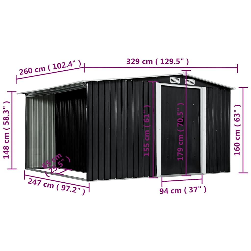 Αποθήκη Κήπου Συρόμενες Πόρτες Ανθρακί 329,5x259x178 εκ. Ατσάλι