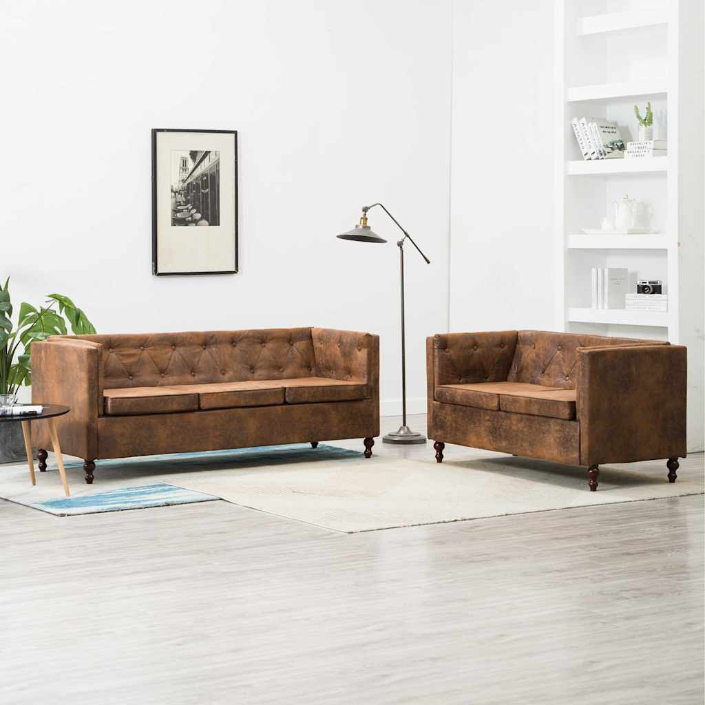 Σετ Σαλονιού Chesterfield 2 τεμ. Καφέ Ύφασμα με Σουέντ Εμφάνιση
