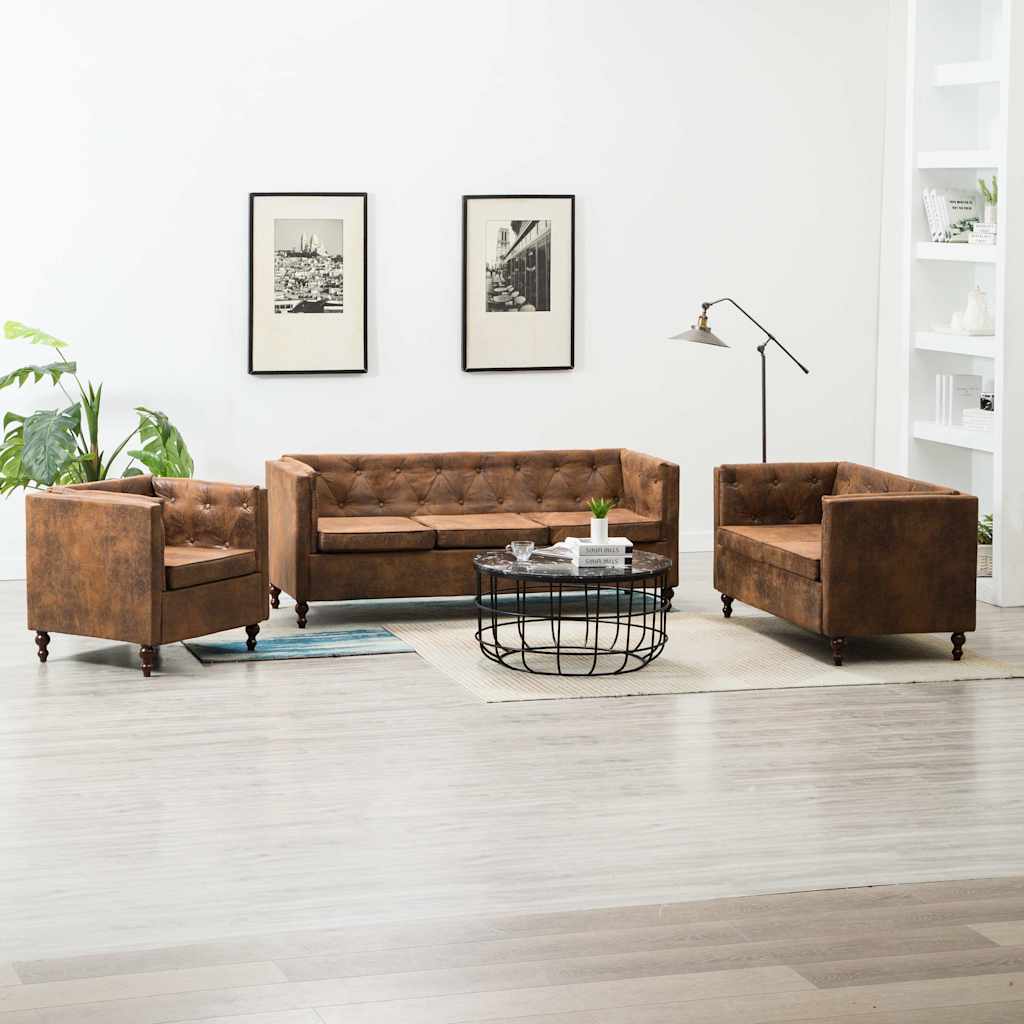 Σετ Σαλονιού Chesterfield 3 τεμ. Καφέ Ύφασμα με Σουέντ Εμφάνιση